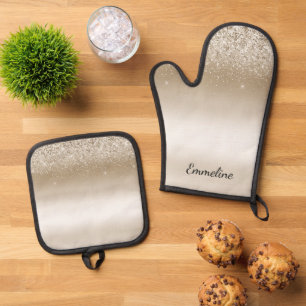 Ensemble De Gant De Cuisine Et De Manique Mariage Crème Or Pailleté Glitz