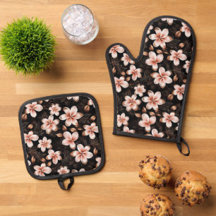 Ensemble De Gant De Cuisine Et De Manique Mariage Fleurs Rose Gold Rose Foncé