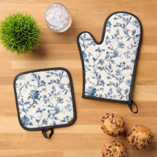 Ensemble De Gant De Cuisine Et De Manique Mariée Fleurie Bleue et Blanche