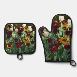 Ensemble De Gant De Cuisine Et De Manique Maroon et Tulipes Jaunes Florales colorées