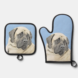 Ensemble De Gant De Cuisine Et De Manique Mastiff anglais Peinture Fawn Original Pet Dog Art