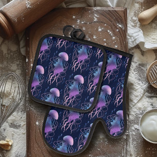 Ensemble De Gant De Cuisine Et De Manique Méduse Éthérée Violet Bleu