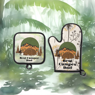 Ensemble De Gant De Cuisine Et De Manique Meilleur Papa Campeur Forêt Bois Tente Fête des Pè