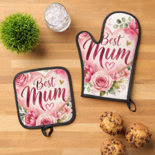 Ensemble De Gant De Cuisine Et De Manique Meilleure Maman Design Aquarelle Fleur Coeur