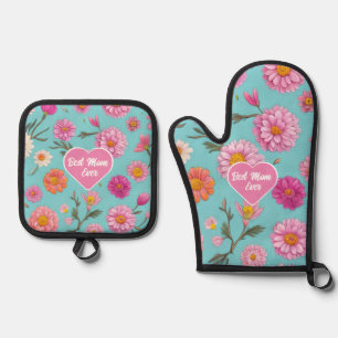 Ensemble De Gant De Cuisine Et De Manique Meilleure maman Fleurs florales roses marguerites
