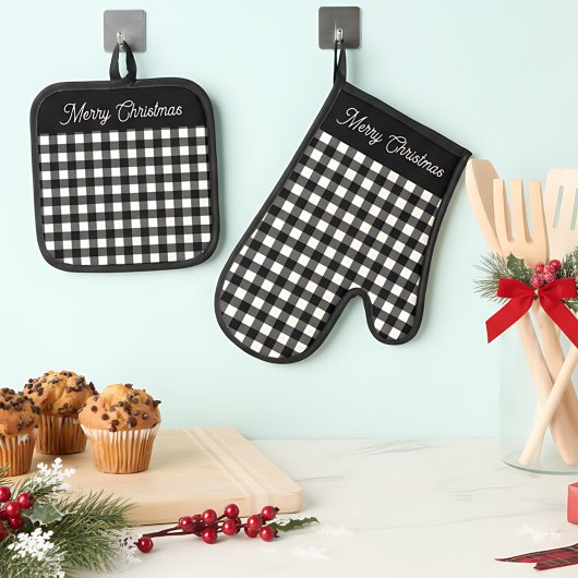 Ensemble De Gant De Cuisine Et De Manique Merry Christmas Black & White Buffalo Plaid