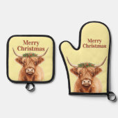 Ensemble De Gant De Cuisine Et De Manique Merry Christmas Greenery Highland Miniature Cow (Recto)
