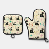 Ensemble De Gant De Cuisine Et De Manique Mid Century Atomic Cat with Starbursts (Recto)