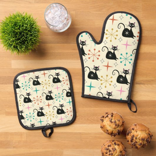 Ensemble De Gant De Cuisine Et De Manique Mid Century Atomic Cat with Starbursts (De haut en bas)