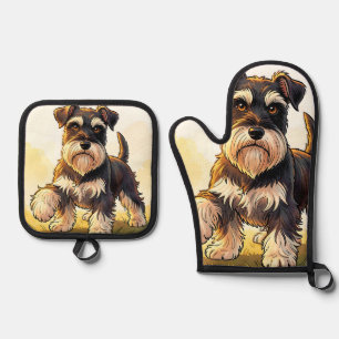 Ensemble De Gant De Cuisine Et De Manique Mignon chiot schnauzer sel et poivre