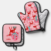 Ensemble De Gant De Cuisine Et De Manique Mignonne Red Deer Saint Valentin Thème (Recto/Verso)
