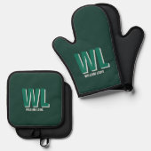 Ensemble De Gant De Cuisine Et De Manique Minimalist Emerald Green Personalized Monogram  (Recto/Verso)