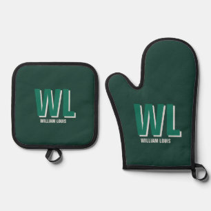 Ensemble De Gant De Cuisine Et De Manique Minimaliste Monogramme Vert Émeraude Personnalisé