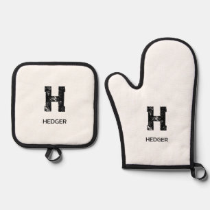 ENSEMBLE DE GANT DE CUISINE ET DE MANIQUE MINIMALISTE NOIR UNE LETTRE MONOGRAMME NOM BLANC