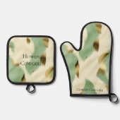 Ensemble De Gant De Cuisine Et De Manique Mint Green Cream Gold Cowhide (Recto)