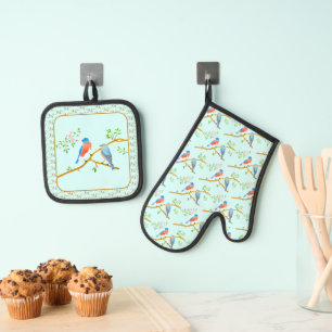 Ensemble De Gant De Cuisine Et De Manique Mitaines et dessous de plat Bleus Oiseaux bleu cla