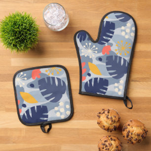Ensemble De Gant De Cuisine Et De Manique Mod Feuille Monstera Abstrait Hawaiien Tropical -B