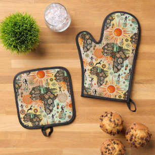 Ensemble De Gant De Cuisine Et De Manique Modèle d'éléments tribaux décoratifs de carte d'Af