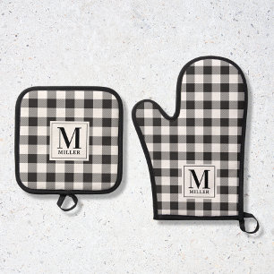 Ensemble De Gant De Cuisine Et De Manique Moderne Ferme Maison Monogramme à carreaux noir Bu