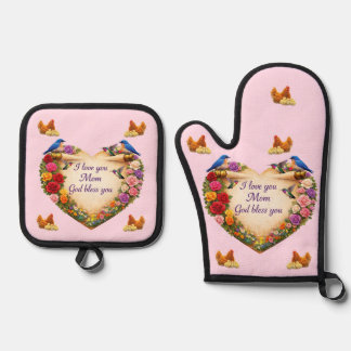 Ensemble De Gant De Cuisine Et De Manique Mom's Heart & Chicken Oven Mitt & Pot Holder Set 