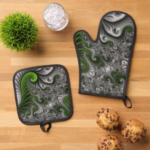 Ensemble De Gant De Cuisine Et De Manique Monde Fantastique Art Fractal Abstrait Vert Et Gri
