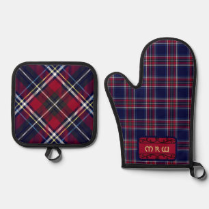 Ensemble De Gant De Cuisine Et De Manique Monogramme bleu rouge Tartan en Police de Lion cel