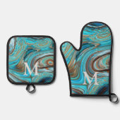 Ensemble De Gant De Cuisine Et De Manique Monogramme bleu turquoise rustique de l'Ouest (Recto)