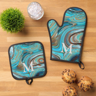 Ensemble De Gant De Cuisine Et De Manique Monogramme bleu turquoise rustique de l'Ouest
