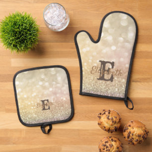 Ensemble De Gant De Cuisine Et De Manique Monogramme Bokeh Or Élégant et Rafraîchissant
