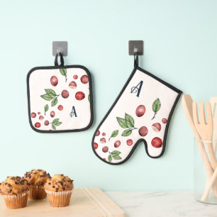Ensemble De Gant De Cuisine Et De Manique Monogramme de canneberge d'hiver
