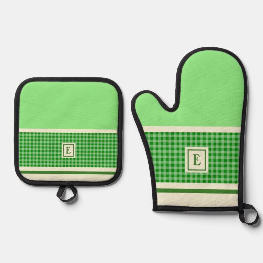 Ensemble De Gant De Cuisine Et De Manique Monogramme de chèque vert (Recto)