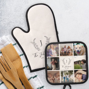 Ensemble De Gant De Cuisine Et De Manique Monogramme de famille nom multi collage photo blan