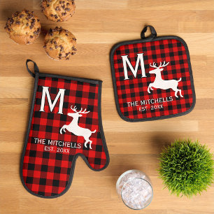 Ensemble De Gant De Cuisine Et De Manique Monogramme de nom de famille personnalisé Cerf rus