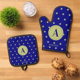 Ensemble De Gant De Cuisine Et De Manique Monogramme élégant à motif étoile or et bleu