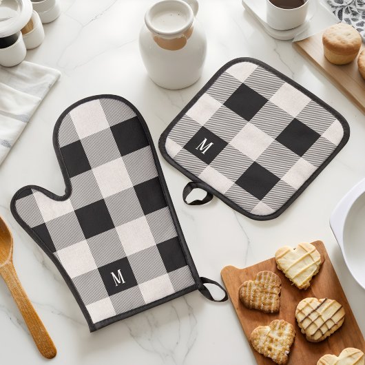 Ensemble De Gant De Cuisine Et De Manique Monogramme en carton noir et gris