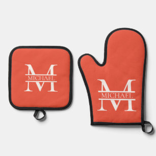 Ensemble De Gant De Cuisine Et De Manique Monogramme et nom d'orange élégant personnalisé