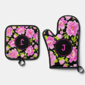 Ensemble De Gant De Cuisine Et De Manique Monogramme floral de pivoine rose (Recto)