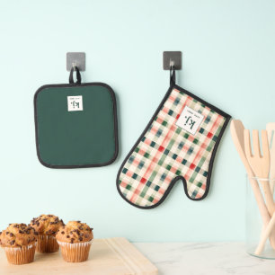 Ensemble De Gant De Cuisine Et De Manique Monogramme Gingham Émeraude Doux