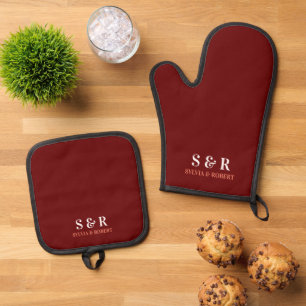 Ensemble De Gant De Cuisine Et De Manique Monogramme Initiales Couple Nom Bourgogne Rouge