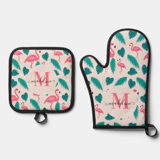 Ensemble De Gant De Cuisine Et De Manique Monogramme moderne Feuilles tropicaux Flamant rose (Recto)