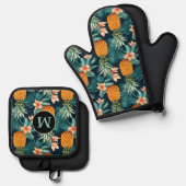 Ensemble De Gant De Cuisine Et De Manique Monogramme Motif à fleur tropicale ananas (Recto/Verso)