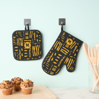 Ensemble De Gant De Cuisine Et De Manique Monogramme Motif Gold Black African Line