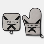 Ensemble De Gant De Cuisine Et De Manique Monogramme Nom Couteaux Chef Cuisinier Grillades (Recto)