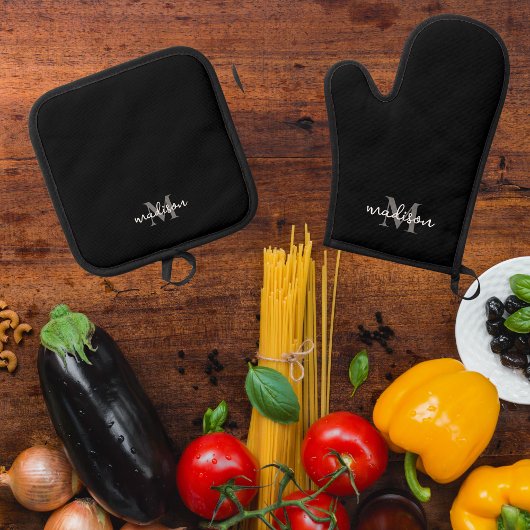 Ensemble De Gant De Cuisine Et De Manique Monogramme Nom initial Noir