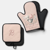 Ensemble De Gant De Cuisine Et De Manique Monogramme rose (Recto/Verso)