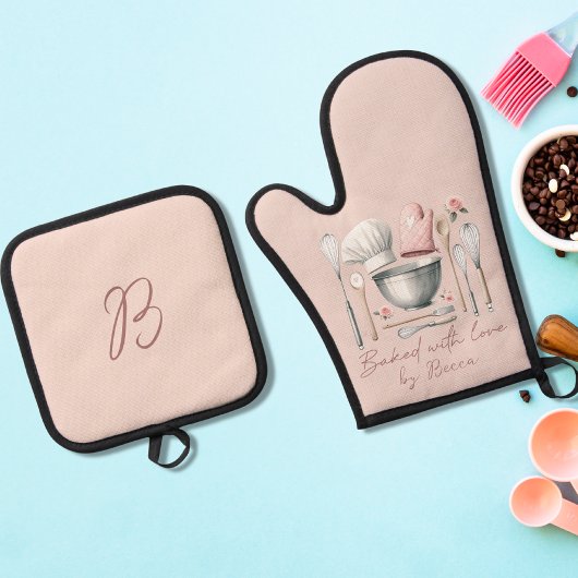Ensemble De Gant De Cuisine Et De Manique Monogramme rose