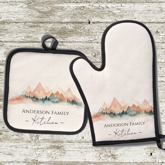 Ensemble De Gant De Cuisine Et De Manique Monogramme Rustique Aquarelle Montagnes
