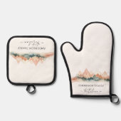 Ensemble De Gant De Cuisine Et De Manique Monogramme Rustique Aquarelle Montagnes (Recto)
