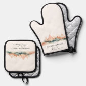 Ensemble De Gant De Cuisine Et De Manique Monogramme Rustique Aquarelle Montagnes (Recto/Verso)