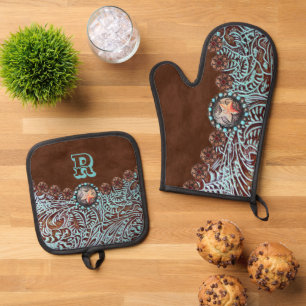 Ensemble De Gant De Cuisine Et De Manique Monogramme rustique Brown Turquoise Western Countr